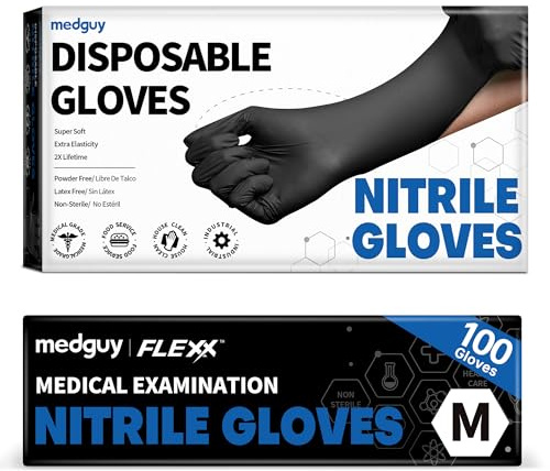 Medguy Black Nitrile Disposable Gloves, 4.5 Mil Powder-Free Latex-Free Food-Safe Glove for Exam, Tattoo, Food Prep, 100 Pcs (Medium)
