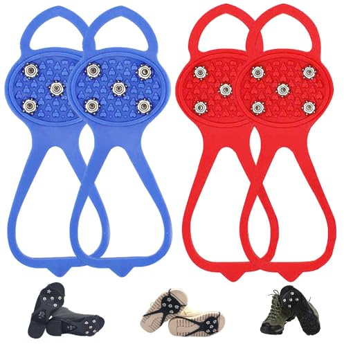 Universal Non-Slip Gripper Spikes, New Gripper Shoe Grips with 5 Tooth Steel Nails, Traction Cleats Ice Snow Grips Anti-Slip Silicone for Ice Sports (Blue+Red, Child)