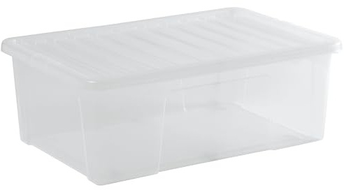 #11 Lot de 2 boîtes de rangement empilables en plastique avec couvercle - 71 x 47 x 25 cm - Transparentes - Empilables - Sous le lit - Pour bureau