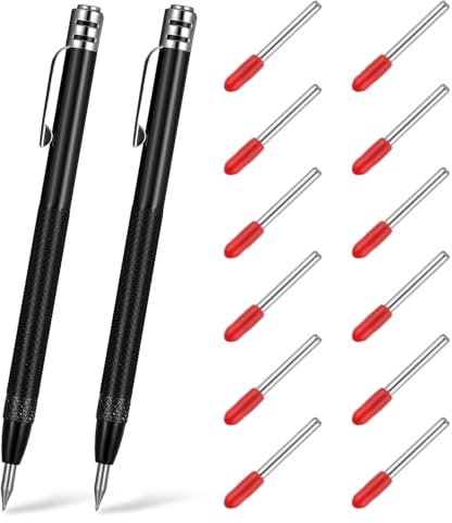 TIEOME 2 PCS Tungsten Carbide Scriber with Magnet with 12 Replacement Marking Tip, Aluminium Etching Engraving Pen Machinist Carbide Scribe Tool Etching Pen With Clip for Glass/Ceramics/Metal Sheet