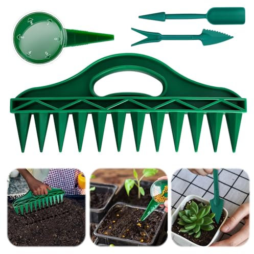Lot de 4 semis à semer avec 12 trous - Distributeur de graines pour la propagation avec main réglable - Tige de repiquage et fourchette de piquage - Outil pour semis de plantes
