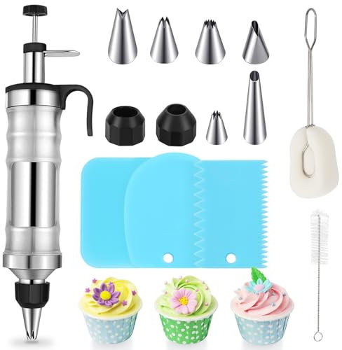AstraLoom Juego de jeringas multifuncionales para decoración de tartas, acero inoxidable, herramientas de bricolaje con 6 boquillas, 3 raspadores, 2 cepillos de limpieza, adecuado para pasteles y