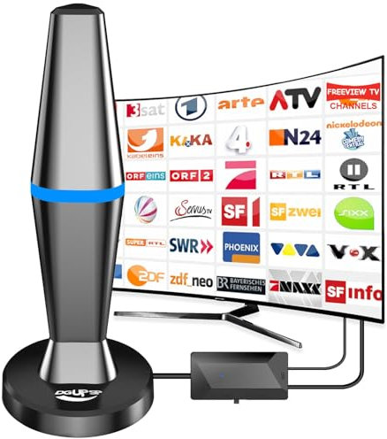 Antenne DVBT2 - Antenne d'intérieur DVB-T et DVB-T2 avec amplificateur, grande portée et réception à 360° - Antenne d'intérieur pour téléviseur avec base magnétique puissante - Convient pour 4K 1080p
