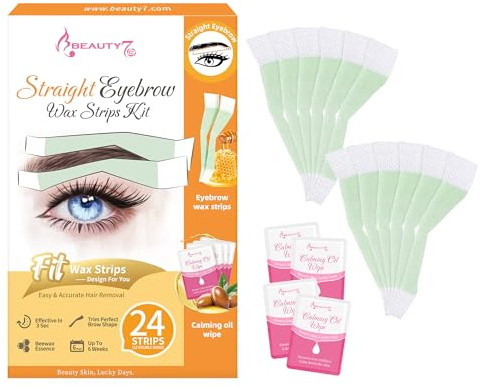 Beauty7 Fit Facial Wax Strips for Hair Removal -Straight Eyebrow Wax Strips at Home - 24 Strip, 4 Calming Oil Wipes for All Skin Types for Women