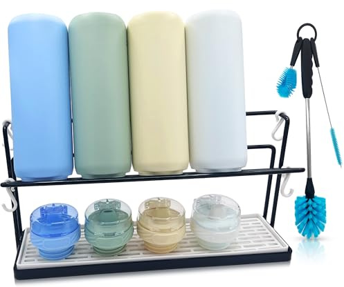 WAKUBON Water Bottle Drying Rack for Kitchen Counter – Cup Drying Rack, Tumbler, Mug & Glass Drying Rack Drying Rack, 2 Tier with Drain Tray and Cleaning Brush Set (Black)
