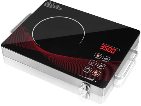 Worshow Glaskeramikkochfeld mit Stecker, 220V 3500W Tragbares Kochfeld mit Griff, Einzelbrenner Elektrokochfeld, Touch Steuerung Kochfelder mit 4 Modi, 0-180 Min Timer, Überhitzungsschutz