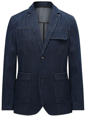 YFFUSHI Blazer Homme en Jean Denim Casual Regular Fit pour Soirée Quotidien | Classique, Revers Cran, 2 Boutons, Couleur Unie, Élégante, Veste de Costume en Coton, pour Réunion et Bureau