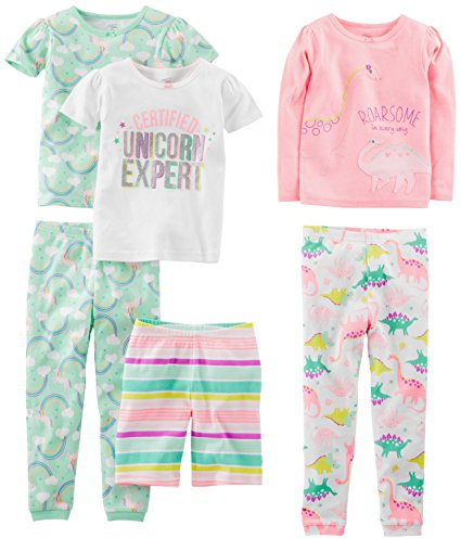 Simple Joys by Carter's Toddler Girls 6-piece Snug Fit Cotton Pajama Set, Dinosaur, Rainbow,Unicorn, 5T