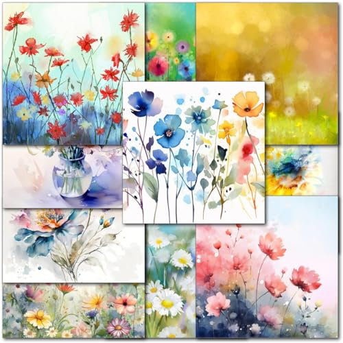 Doodlecards Pack 10x Mixed Floral Watercolour Blank Cards. Multipack of Flower Flowers Cards with Envelopes. Ideal for Birthday. 100% Recyclable. Made in The UK.