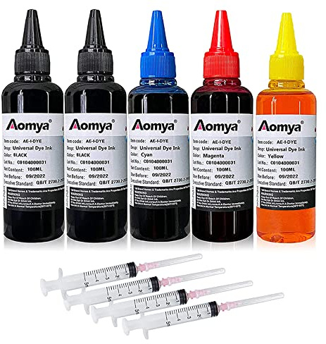 Aomya 500 ml universal färgbläckpåfyllningssats för HP Canon Epson Brother Lexmark Printers kompatibla kassetter påfyllningsbara kassetter CISS system 4 färgset med 4 gratis syringes (2BK, C, M, Y)