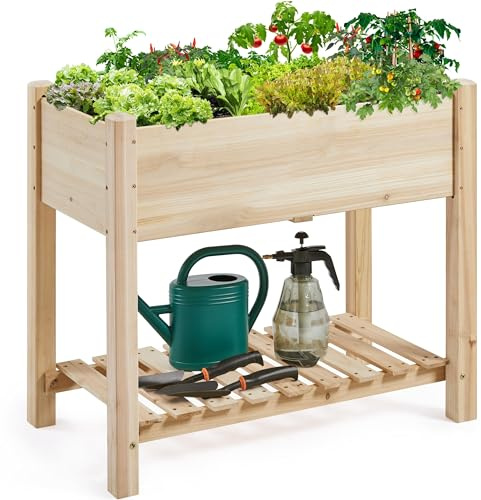 Yaheetech Raised Garden Bed 2 Tiers Wooden Plant Raised Bed Garden Elevated Planter Box with Storage Shelf for Vegetables/Flowers/Herbs/Fruits,86 x 46 x 76cm