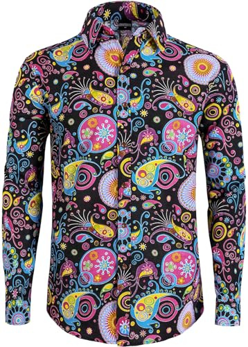 COSAVOROCK Chemise Hippie années 70 pour Homme Manches Longues Chemises Casual Fleur Moche
