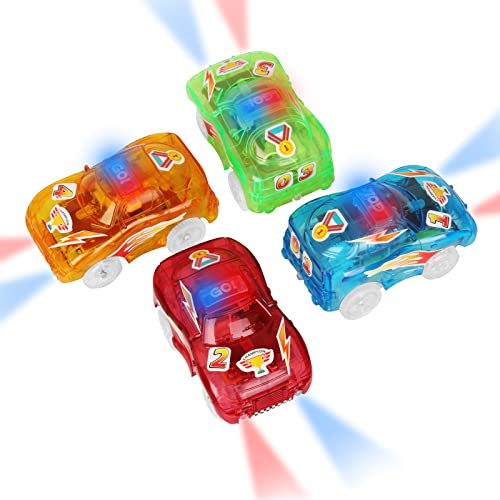 4 pezzi macchinine,Tracks Cars Magic Race,pista giocattolo per auto con 5 luci LED lampeggianti e adesivi fai da te, giocattoli per bambini per età 3, 4, 5, 6, 7, 8 bambini