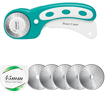 45 mm roterande skärare med 5 st extra blad, ergonomiskt handtag rullskärare med säkerhetslås för tyg, läder, hantverk, sömnad, quiltning, tygroterande skärare perfekt för vänster och höger hand