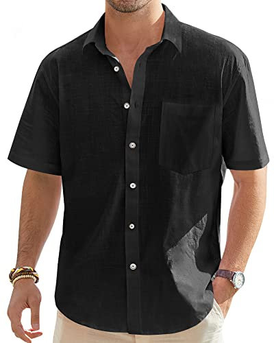 J.VER Mens Linen Shirts Short Sleeve Summer Button Down Casual Regular Fit Holiiday Beach Lightweight Cotton Shirt with Pocket Black L