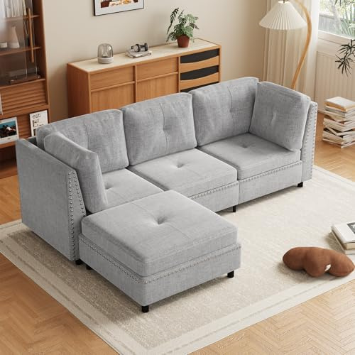YODOLLA 225cm Corner Sofa, 3-4 Seater Modern Sofa Couch, Grey Sectional Sofa with Footstool, L-Shaped Corner Chaise for Living Room