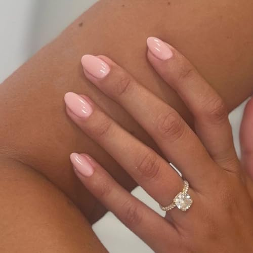 KQueenest Pastel Pink Press On Nails Short Oval Acrylic Fake Nails, Natural Acrylic Nails Press Ons, Short Almond Nails Glue on, One Color Gel Stick On Nails for Women Daily Wear 24 Pcs