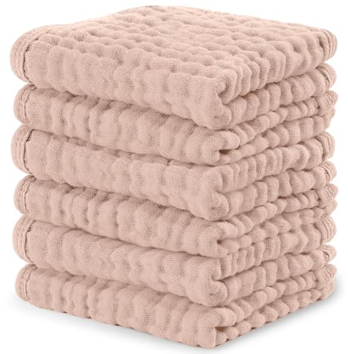Bekväma ungar muslin baby tvättlappar 6-pack – mjuka 6-lagers bomullstvättdukar för känslig hud – 25 x 25 cm stora, skonsama, absorberande nödvändigheter för nyfödda och småbarn – rodna