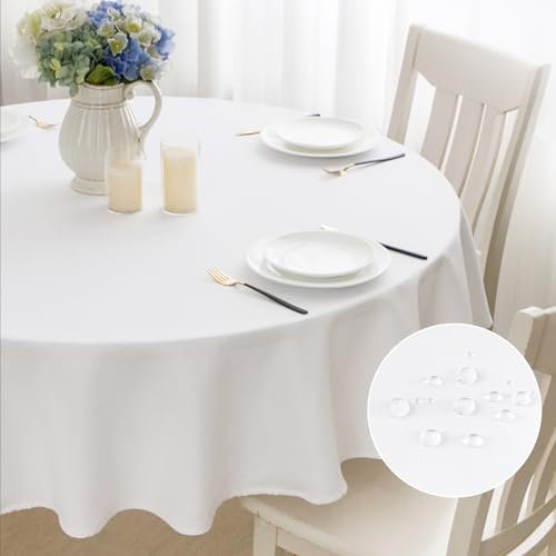 mosayt Tischdecke Abwaschbar Rund 160 cm Leinenoptik Tischtuch Lotuseffekt Leinendecke Weiß Fleckschutz Tischwäsche für Esszimmer, Garten, Hochzeiten, Outdoor
