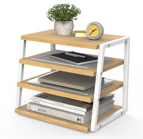 Fenge Organizer da Scrivania in Legno a 4 Livelli, Portadocumenti con Ripiani e Staffe in Metallo, Ideale per Documenti A4, Perfetto per Casa, Ufficio e Scuola, Rovere