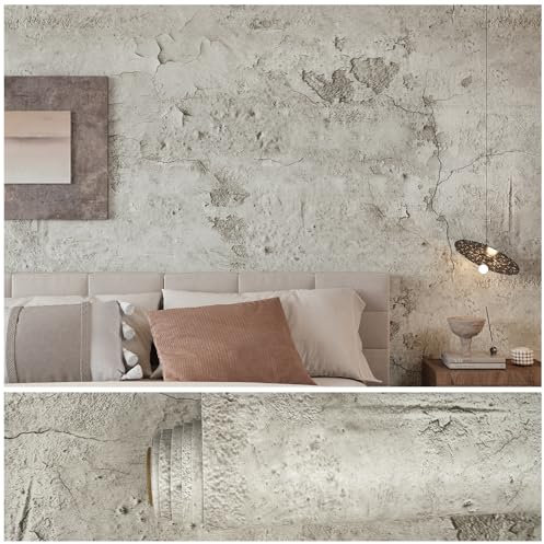 VEELIKE Papel Pintado Hormigón Antiguo Agrietado Papel Autoadhesivo Pared Hormigon Beige Textura Industrial Papel Pintado Efecto Cemento para Dormitorio Salon Baño Impermeable Extraíble 40cmx300cm