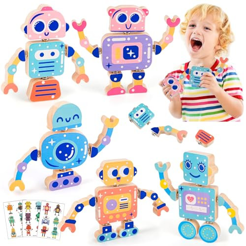 HGRGHH Bauklötze Holz Montessori Spielzeug ab 3 4 5 6 Jahre, DIY Roboter Konstruktionsspielzeug mit Buttons, Feinmotorikspielzeug Kinder, Holzspielzeug Geschenk für Jungen und Mädchen