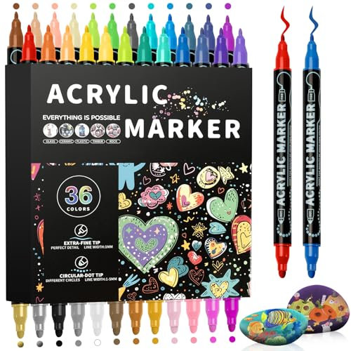 Lamitocs Acrylstifte für Steine Wasserfest, 36 PCS Dual Tip Acrylmarker Multimarker, Acrylfarben Stifte für Rock Painting Glas Kiesel Stein Keramik