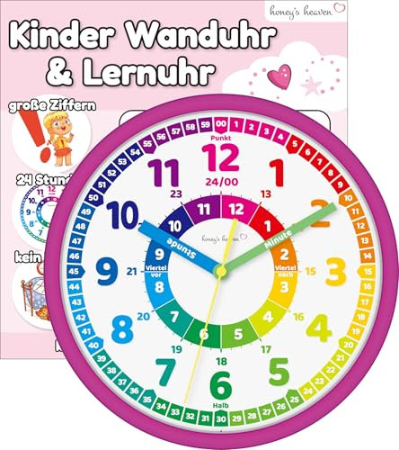 Honey's Heaven Wanduhr für Kinder - Lernuhr zum Lernen der Uhrzeit - analoge Kinderuhr ohne Tick Geräusche, mit lautlosem Uhrwerk - Kinderzimmer Deko für Jungen und Mädchen (violett)