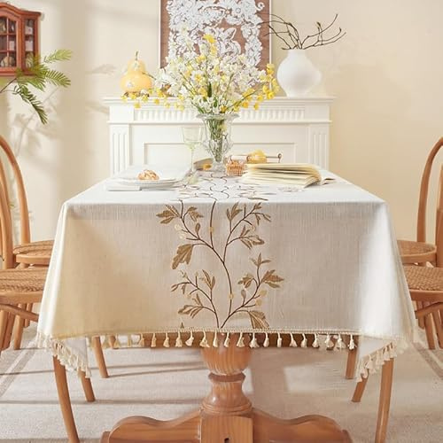 Lifetooler Table Cloths Rectangle Cotton Linen Tassel Tablecloth Waterproof Wrinkle Free Table Cover for Kitchen Dinning Tabletop Decoration(White,55 x 71 Inch)