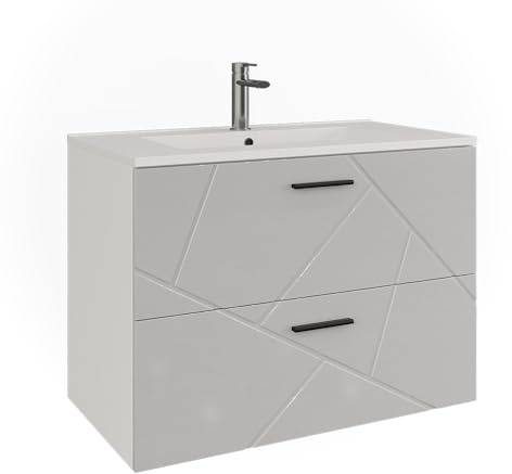 Vicco Mobiletto per lavabo Irma, Bianco/bianco lucido, 80 x 57 cm con 2 cassetti