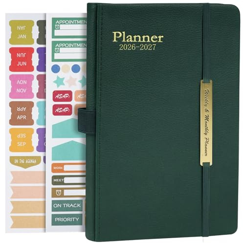 AUAUY Tagesplaner Kalender 2026 2027 Buchkalender Hardcover mit PU-Leder, 18-Monate-Terminplaner (Jan.2026-Jun.2027), A5-Schuljahresplaner mit Stickern, Lehrer-Planer Schulplaner Schülerkalender