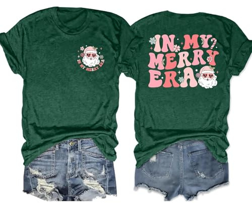 VVNTY Christmas T Shirts Women Xmas Snowflake Print Shirt in My Merry Era Graphic Short Sleeve Tees (Green1,L)