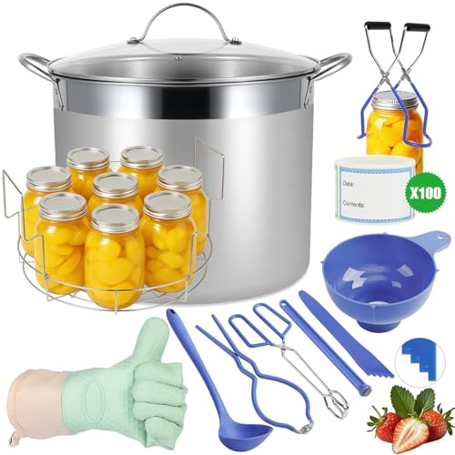 HOMKULA Juego de conservas de acero inoxidable con rejilla y tapa, gran tarro para baño maría, juego completo para principiantes, apto para cocinas de inducción y vitrocerámica (azul, 26 L)
