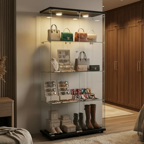 GAWYOEX Vitrina de cristal con LED, 164,5 cm Grande Vitrina de pie, 2 Puertas 4 Estantes Vitrina de cristal de pie Armario vitrina Vitrina de colección Armario alto para salón, dormitorio, oficina (2