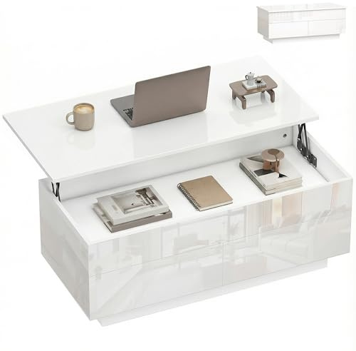 HOMCOM Couchtisch Höhenverstellbar, Wohnzimmertisch mit Hebeplatte, 2 Schublade und verstecktem Stauraum, Kaffeetisch Sofatisch für Wohnzimmer, Hochglanz Weiß