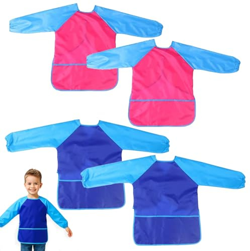 Girihe 4PCS Painting Apron, Play Apron,Aprons for Baking, Art Smock with Long Sleeve, Waterproof Aprons for Painting, for Paintting Cooking Eating Arts & Crafts