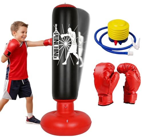 Sacco da boxe per bambini da 6 a 12 anni, 160 cm, gonfiabile, con guanti, regalo per ragazzi e ragazze, per praticare karate, kickboxing, taekwondo, MMA (nero)