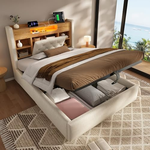Double Ottoman Bed Frame with Storage, Hydraulic Lift Up Bed with Charging Station & LED Lights, 4ft6 Upholstered Platform Bed Frame with Multifunctional Storage Headboard & Wood Slats, Linen, Beige