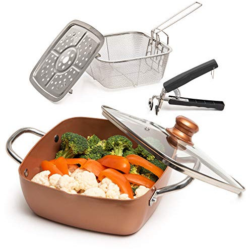 Moss & Stone Copper 5 Piece Set Chef Cookware, Non Stick Pan, Deep Square Pan, Fry Basket, Steamer Rack, Dishwasher & Oven.