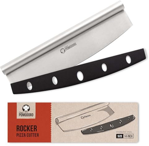 Chef Pomodoro Taglia Pizza da 35,5 cm, Coltello Mezzaluna Tagliapizza con Coprilama di Sicurezza, Mezzaluna Acciaio Inox Professionale, Lunetta per Sminuzzare e Tritare, Lavabile in Lavastoviglie