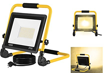 Aufun 100 W LED-byggspotlight, byggarbetsplat, bärbar med kontakt, LED-strålkastare, arbet med 3 m strömkabel, bygglampa med vikbar bygel, justerbar, IP66, vattentät för verkstad, garage,