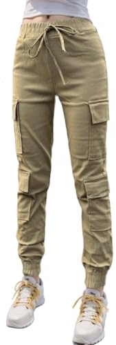 Nuofengkudu Petite Pantalones Cargo Mujer Elasticos Harem Pantalon con Bolsillos Stretch Cintura Tobillo Chica Joven Punk Deportivo Jogging Hip Hop Moda Casual