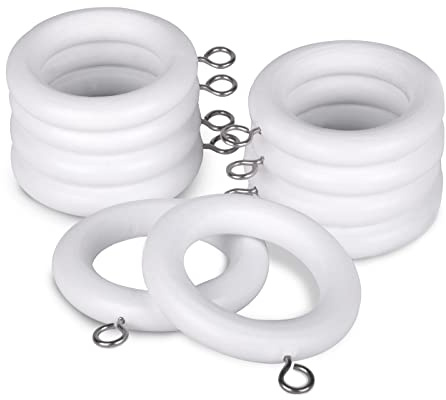 MERCURY TEXTIL- Anillas de Cortina de Madera con Gancho de Acero Inoxidable, Arandelas para Barra de Cortina de Cortina ø 28mm con Ojales. (Blanco, 10)