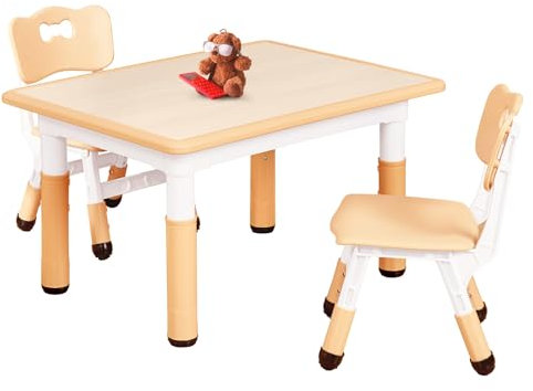 FUNLIO Kinderzimmertisch & -stuhlsets, höhenverstellbar für Kinder im Alter von 3-8 Jahren, leicht abwischbarer Kunsttisch, für Innen- und Außenbereich, CPC-geprüft (3-teilig) - Rechteck-Natur