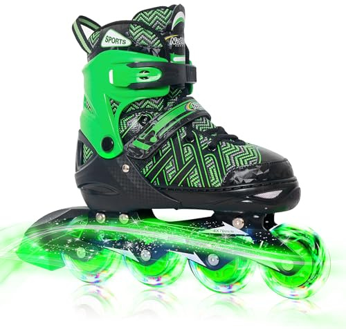 Nattork Adjustable Inline Skates for Youth Big Boys - with Light up Wheels - Green Blade Roller Skating for Beginners Size 5 6 7 8 Ages 11 12 13 14 15