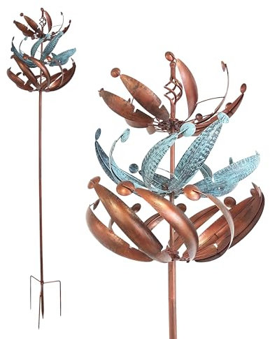 Lemodo Windrad Garten Metall – großes Windspiel mit gegenläufigen Rotoren, höhenverstellbarer Gartenstecker bis 221 cm, Kupferoptik Windskulptur stehende Gartendeko für Beete, Rasen & Terrasse