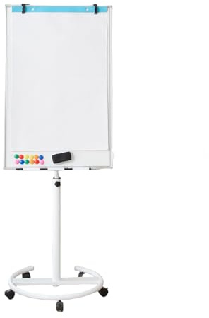 Fantasks blädderblock, 100 x 65 cm, mobil whiteboard på hjul, justerbar höjd upp till 192 cm, avtorkningsbar, magnetisk, flip diagram med runt stativ, magneter, markörer och suddgummi, vit