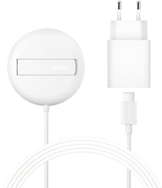 Belkin Cargador Inalámbrico Compatible con MagSafe, Base de Carga Magnética 15W, Certificación Qi2, iPhone 17, Air, Samsung Galaxy S25, Pixelsnap y AirPods - con Fuente de alimentación - Blanco