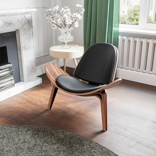ARVORA Modern Shell Lounge Accent Chairs, Faux Genuine Leather Mid Century Armless Chairs, Tripod Plywood Classic Design Solid Wood with Padded Seat, Living Room Office Bedroom, Palisander