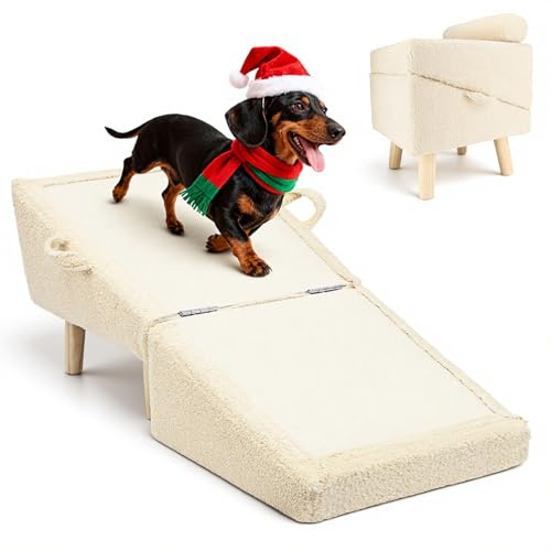 Dog Stairs for Small Dogs and Cats – 2-in-1 Dog Ramp for Couch and Low Bed, 16.5'' Foldable Wooden Pet Ramp, Sturdy Multi-Use Split Ottoman Design, Beige